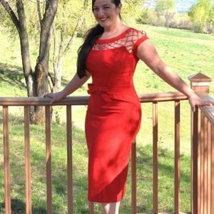 Red pencil dress with netting detail